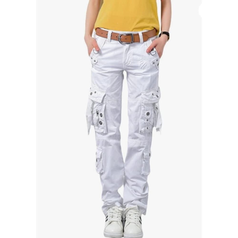 White Cargo Pants Multi Pockets Straight Leg Relax Fit Women Size 31 Punk Casual - Picture 13 of 14